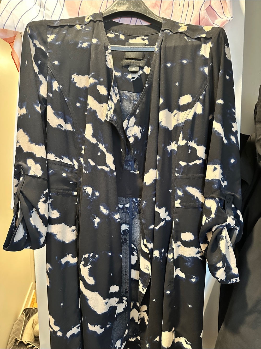 Black with Cream and Blue Abstract Print Top